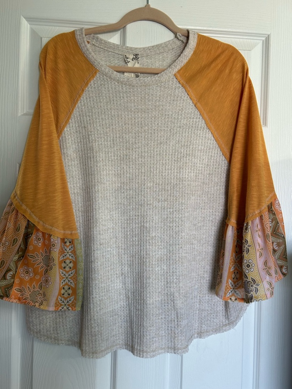 Women’s Cream Waffle Knit Top with Mustard Floral Design Bell Sleeves